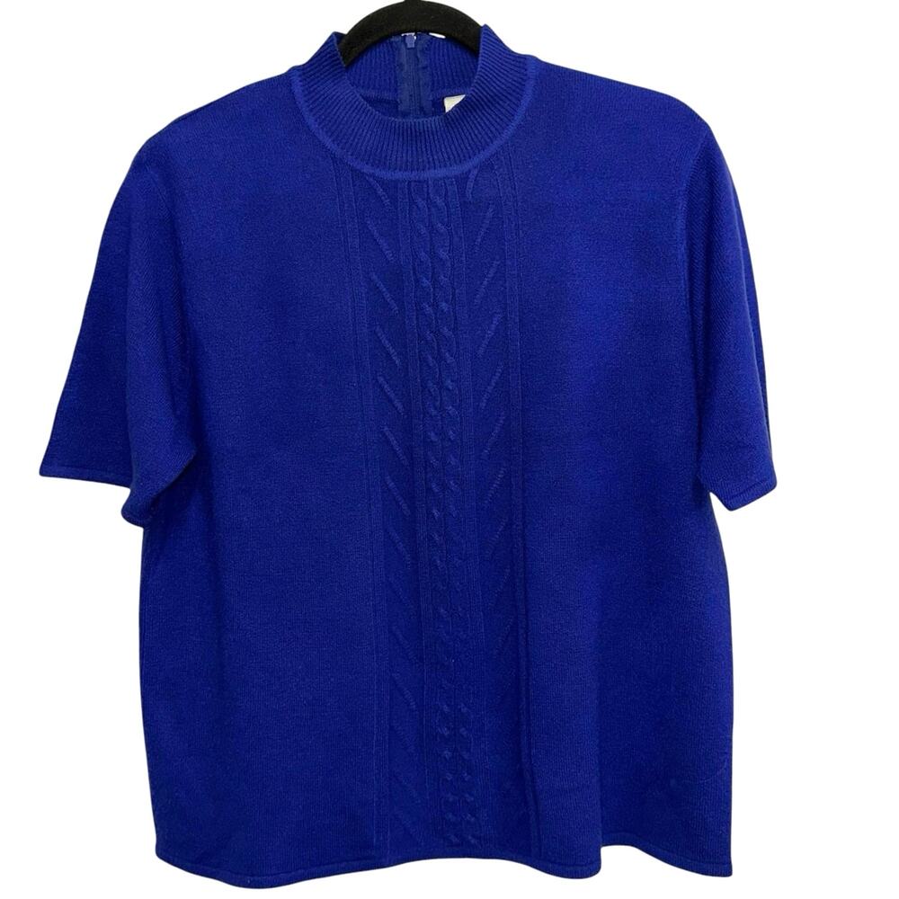 Koret Petites Large Blue Purple Mock Neck Sweater Top Cable Knit Short Sleeve